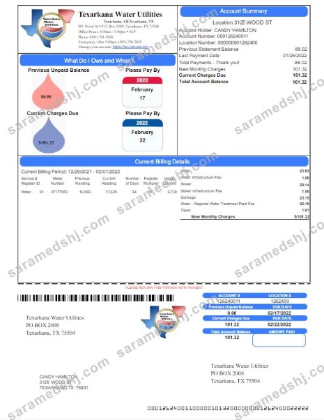 USA TEXARKANA WATER UTILITIES utility bill Word and PDF template